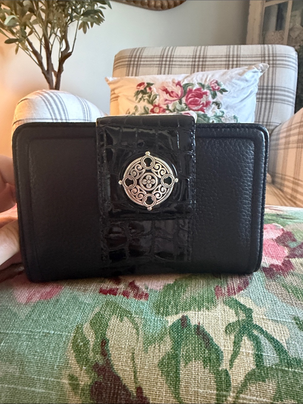 Brighton Black Croc-Accent Wallet with Silver Medallion